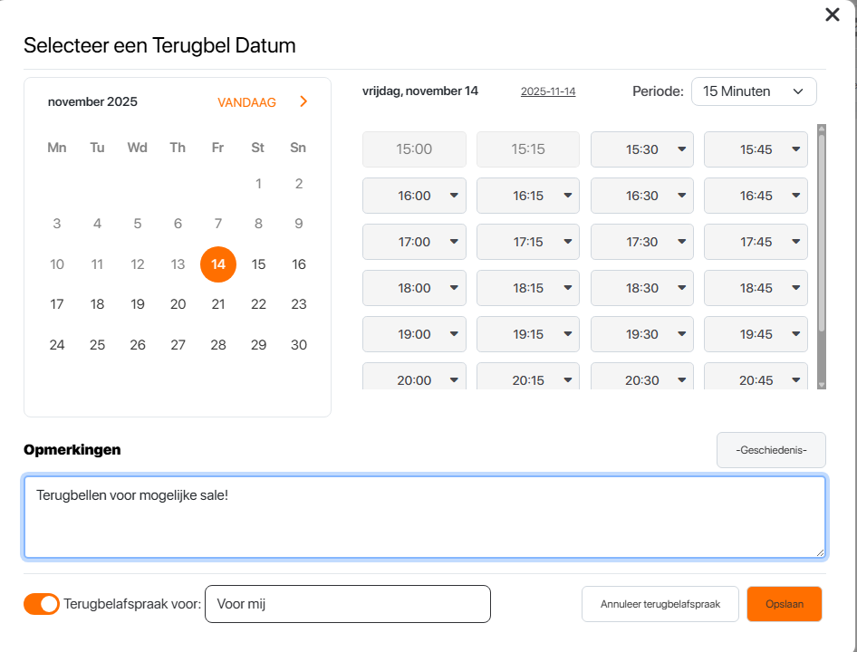 Telforce scherm om een terugbelafspraak in te plannen