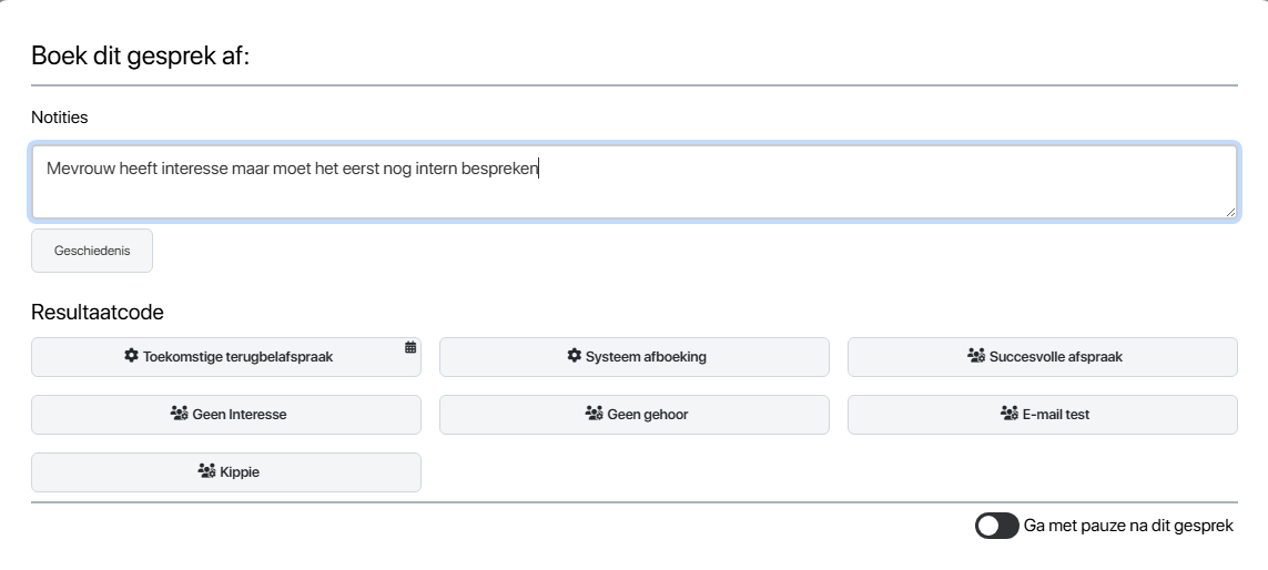 Telforce afboekscherm met resultaatcodes